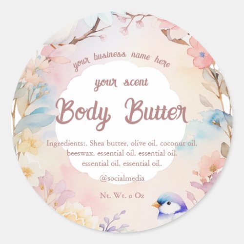 watercolor spring floral birds body butter classic round sticker