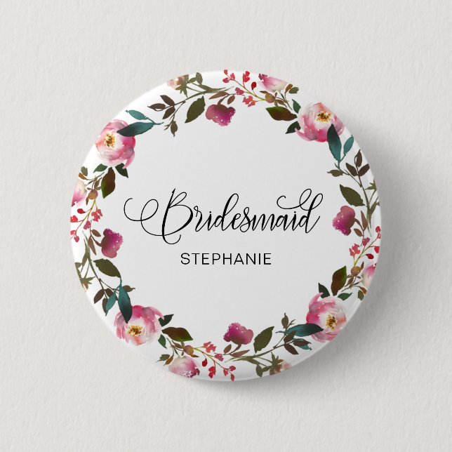 Watercolor Spring Floral Bridesmaid Button (Front)