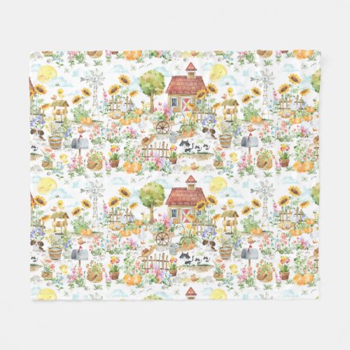 Watercolor Spring Floral Cottage Garden  Fleece Blanket