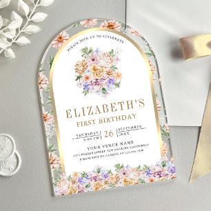 Watercolor Spring Floral Gold Arch First Birthday Acrylic Invitations