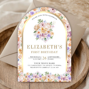 Watercolor Spring Floral Gold Arch First Birthday Invitation