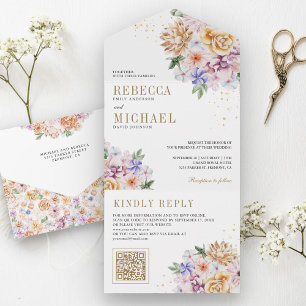 Watercolor Spring Floral Gold QR Code Wedding All In One Invitation