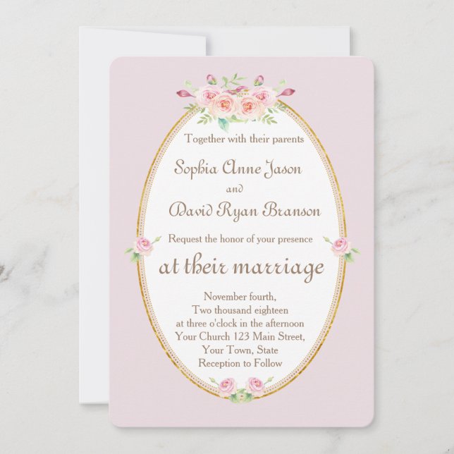 Watercolor Spring Floral Gold Wedding Invitation (Front)