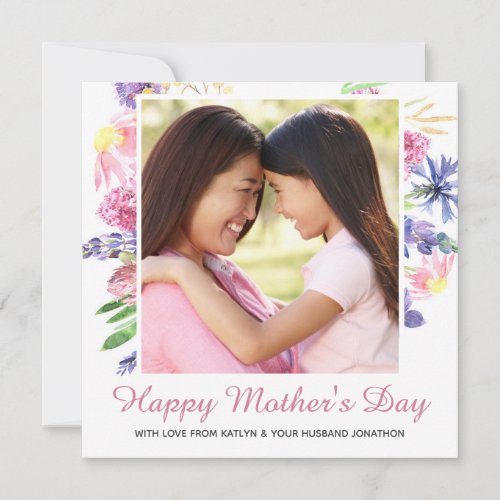 Watercolor Spring Floral Happy Mothers Day Photo Holiday Card