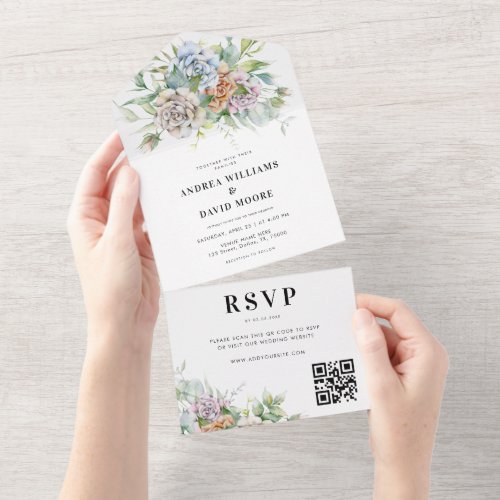 Watercolor Spring Floral Romantic QR Code Wedding All In One Invitation