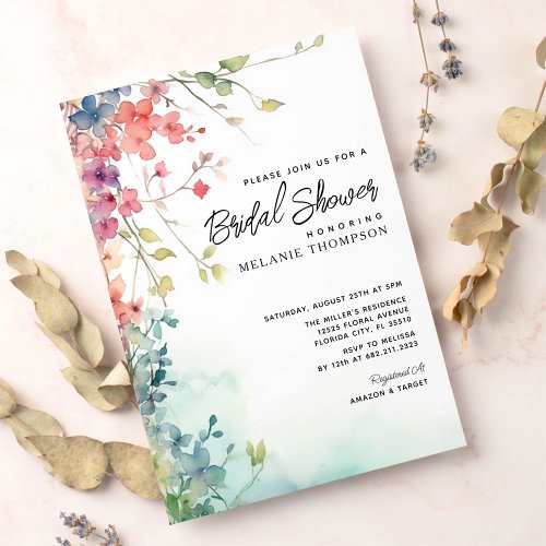 Watercolor Spring Floral Violet Pink Bridal Shower Invitation