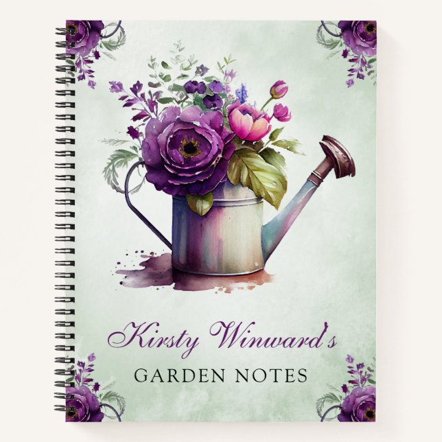 Watercolor Spring Floral Watering Can Garden Notes Notebook (Front)