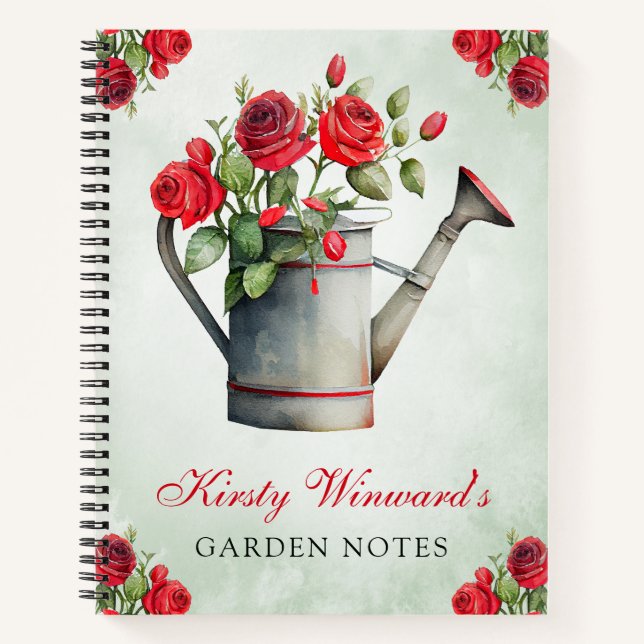 Watercolor Spring Floral Watering Can Garden Notes Notebook (Front)