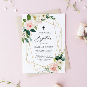 Watercolor Spring Florals Geometric Frame Baptism Invitation