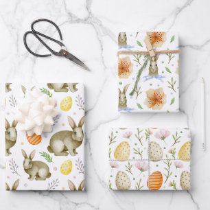 Watercolor Spring Flower Bunny Eggs Vintage Easter Wrapping Paper Sheets