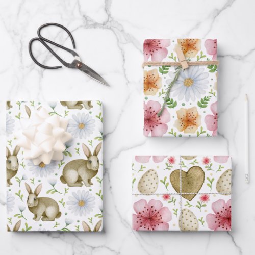 Watercolor Spring Flower Bunny Vintage Easter Wrapping Paper Sheets