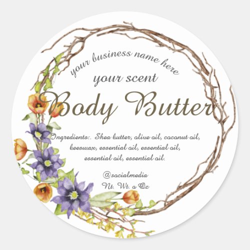 watercolor spring flower wreath body butter classic round sticker