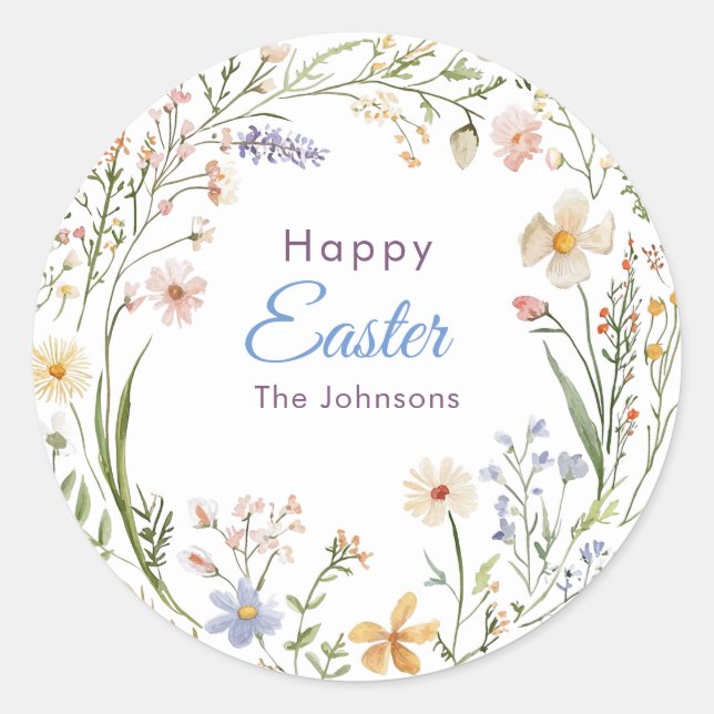 Watercolor spring flower wreath Happy Easter Classic Round Sticker (Front)