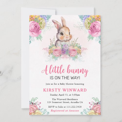 Watercolor Spring Flowers and Rabbit Baby Shower Invitation