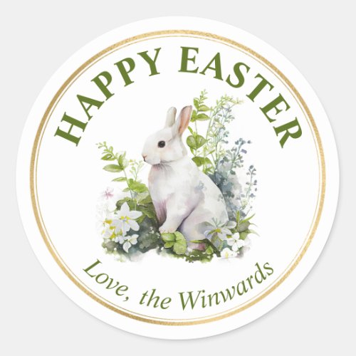 Watercolor Spring Flowers and Rabbit Happy Easter Classic Round Sticker