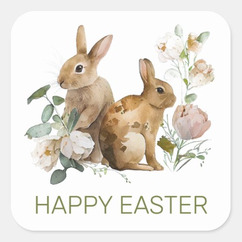 Watercolor Spring Flowers and Rabbits Happy Easter Square Sticker