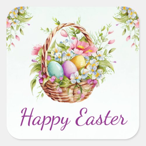 Watercolor Spring Flowers Basket Happy Easter Square Sticker