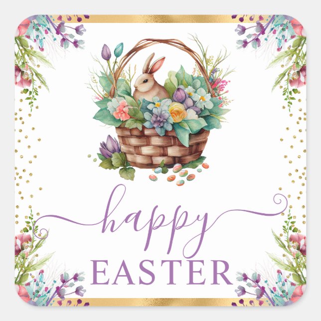 Watercolor Spring Flowers Basket Happy Easter Square Sticker (Front)