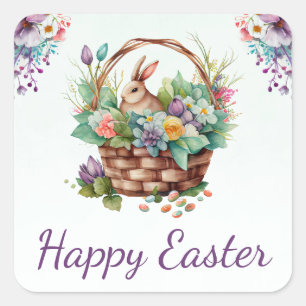 Watercolor Spring Flowers Basket Happy Easter Square Sticker