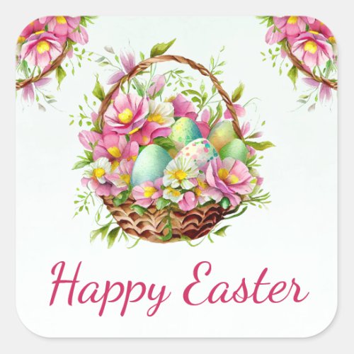 Watercolor Spring Flowers Basket Happy Easter Square Sticker