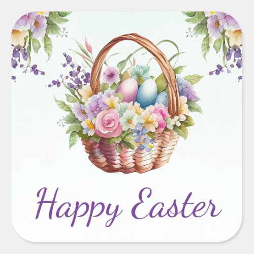 Watercolor Spring Flowers Basket Happy Easter Square Sticker