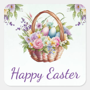 Watercolor Spring Flowers Basket Happy Easter Square Sticker