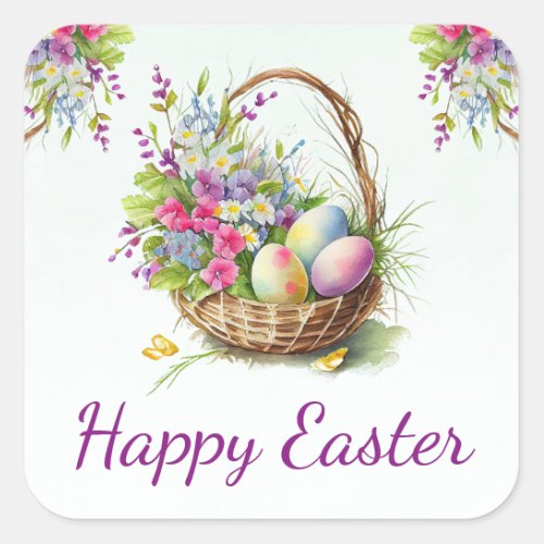 Watercolor Spring Flowers Basket Happy Easter Square Sticker