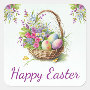 Watercolor Spring Flowers Basket Happy Easter Square Sticker