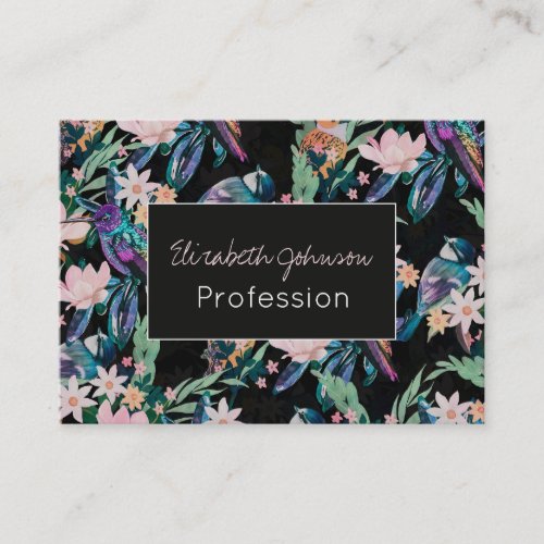 Watercolor Spring Flowers Birds Black Pattern Business Card