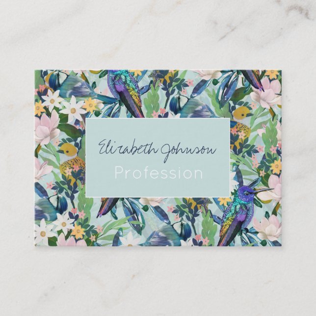 Watercolor Spring Flowers Birds Pattern Business Card (Front)