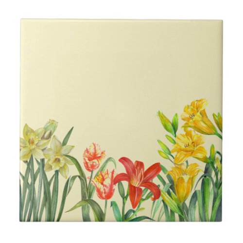 Watercolor Spring Flowers Botanical Illustration Ceramic Tile