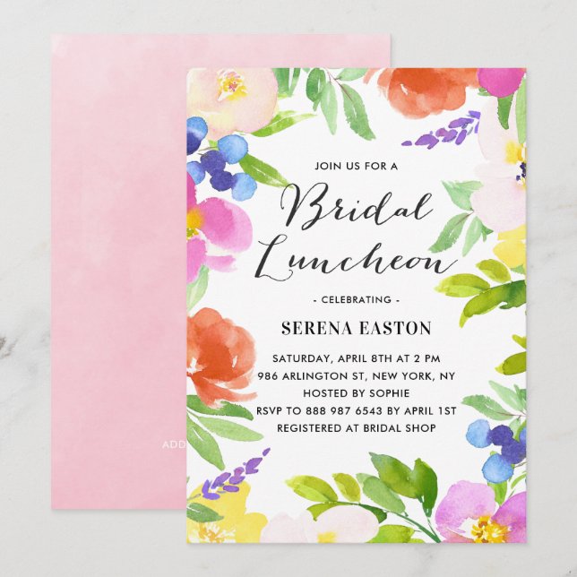 Watercolor Spring Flowers Bridal Luncheon Invitation (Front/Back)