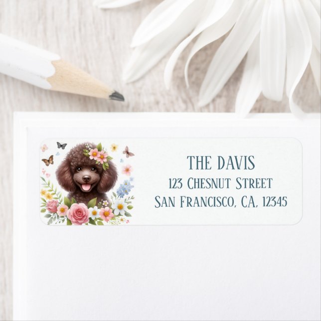 Watercolor Spring Flowers Brown Poodle - Label (Insitu)