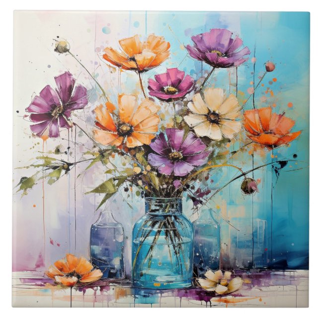 Watercolor Spring Flowers Ceramic Tile (Front)