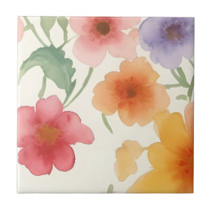 Watercolor Spring Flowers Colorful Floral on White Ceramic Tile