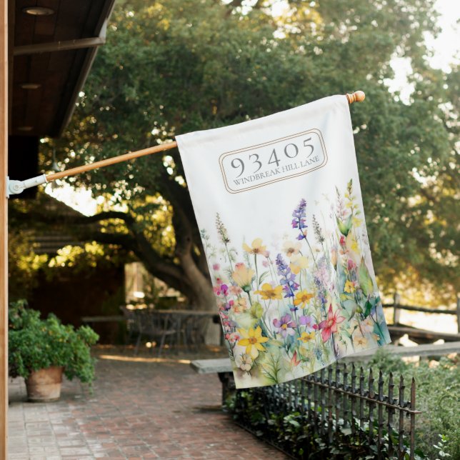 Watercolor Spring Flowers Customized Address Name House Flag (In SItu)