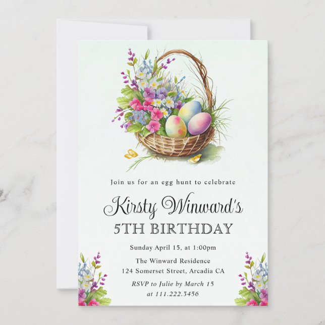 Watercolor Spring Flowers Easter Basket Birthday Invitation (Front)