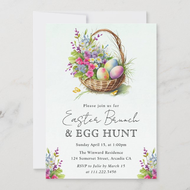 Watercolor Spring Flowers Easter Basket Brunch Invitation (Front)