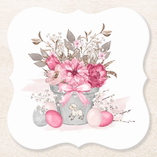 Watercolor Spring flowers Easter eggs Paper Coaster