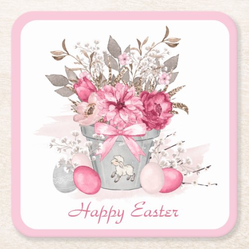 Watercolor Spring flowers Easter eggs Personalized Square Paper Coaster