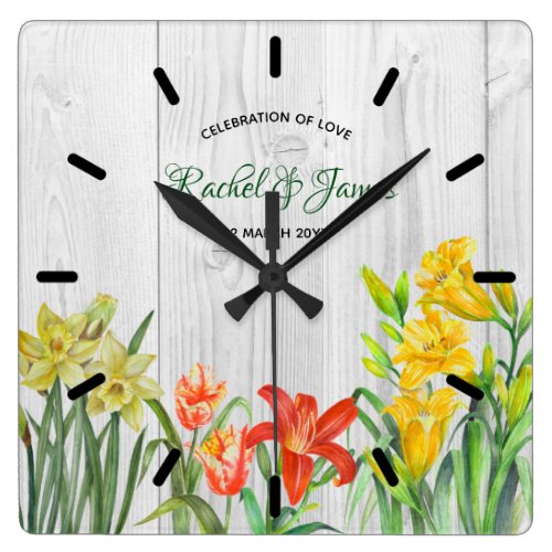 Watercolor Spring Flowers Floral Art Square Wall Clock