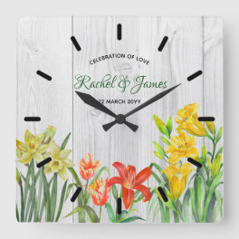Watercolor Spring Flowers Floral Art Square Wall Clock