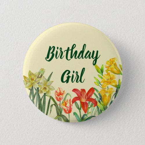 Watercolor Spring Flowers Floral Birthday Girl Button