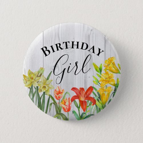 Watercolor Spring Flowers Floral Birthday Girl Button