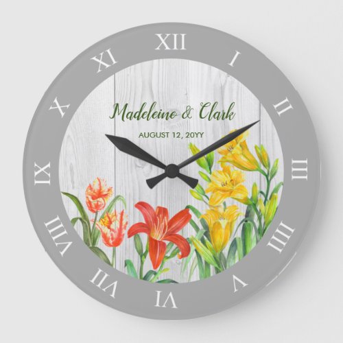 Watercolor Spring Flowers Floral Roman Numbers Large Clock