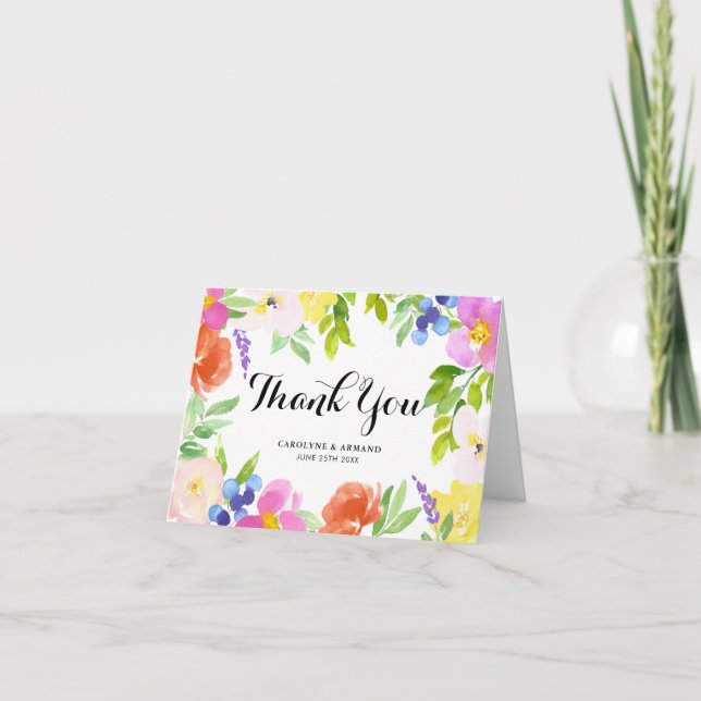 Watercolor Spring Flowers Floral Thank You Card (Front)