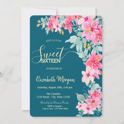 Watercolor Spring Flowers Green Sweet 16 Invitation