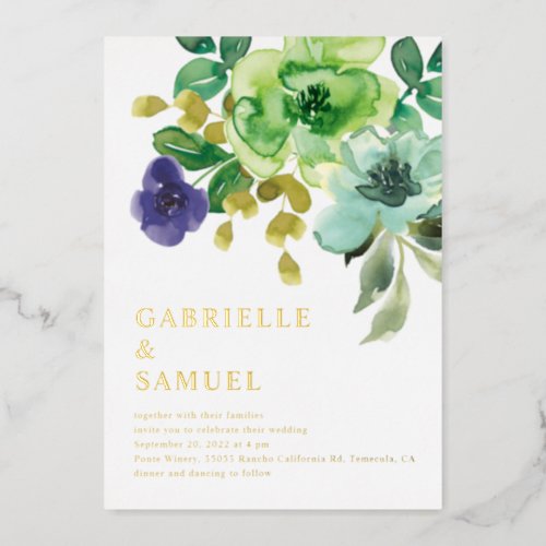 Watercolor Spring Flowers  Greenery Wedding Gold Foil Invitation