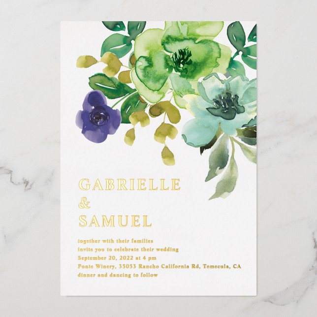 Watercolor Spring Flowers & Greenery Wedding Gold Foil Invitation (Front)