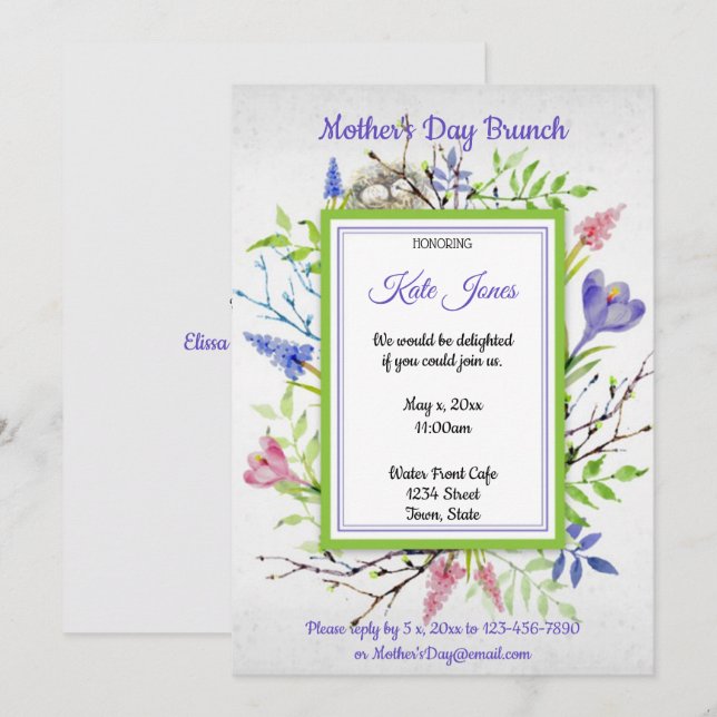 Watercolor, Spring Flowers, Mother's Day Brunch Invitation (Front/Back)